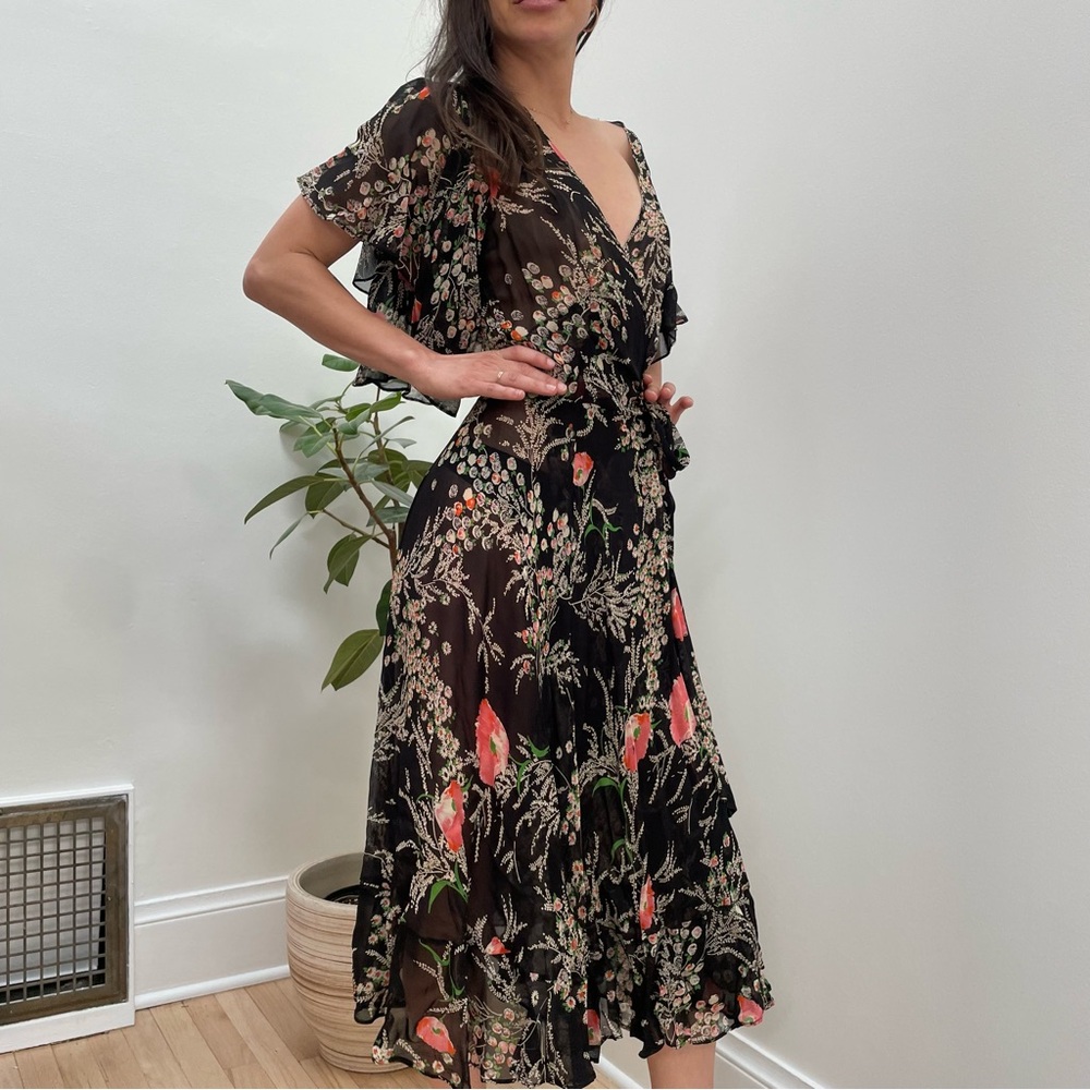 Original 1970s Flawless Silk Black Floral Wrap Midi Dress
